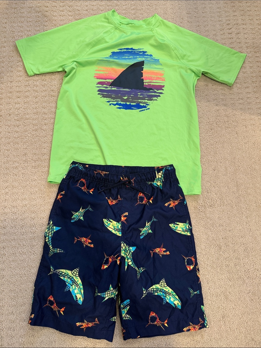 Lands' End Neon Green Boys Rash Guard and Shorts Set Size L